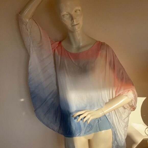 Vintage sheer Blouse Peach Fuzz Blue silk two piece layered Ombré Top size Small - Picture 1 of 16